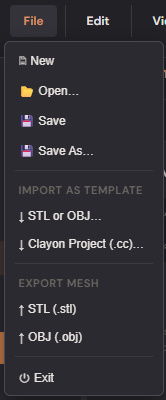 File menu — Open / Save / Import / Export