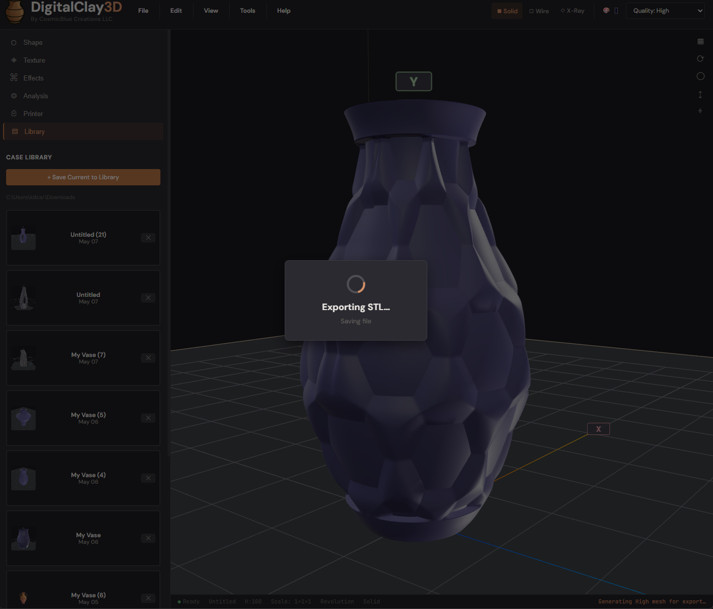 STL export progress modal