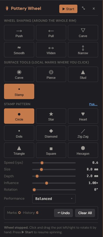 Pottery panel — Stamp tool with pattern picker and hover-preview ring