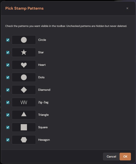 Pick Stamps modal — checkbox list with SVG previews