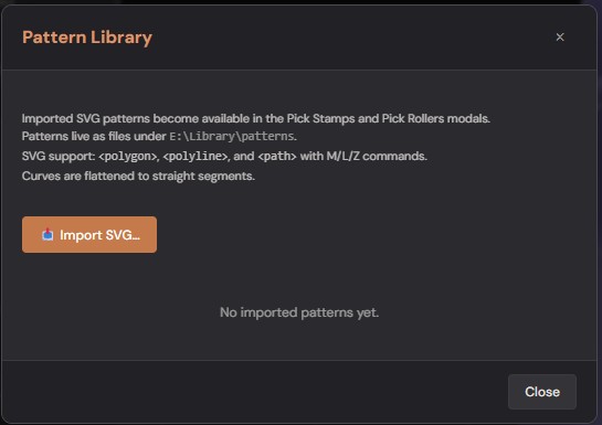 Pattern Library modal — imported SVG patterns with previews and Import SVG button