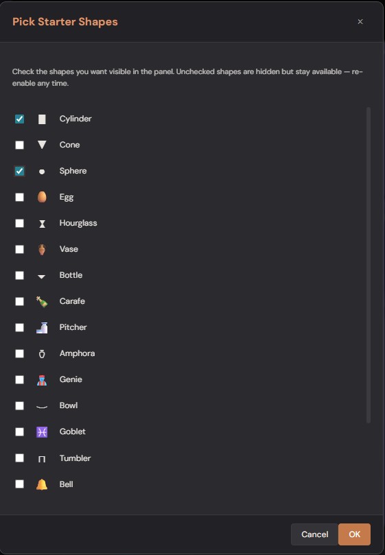 Pick Starter Shapes modal — curated default subset checked