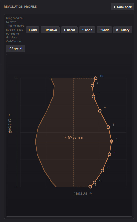 Profile editor docked next to the viewport